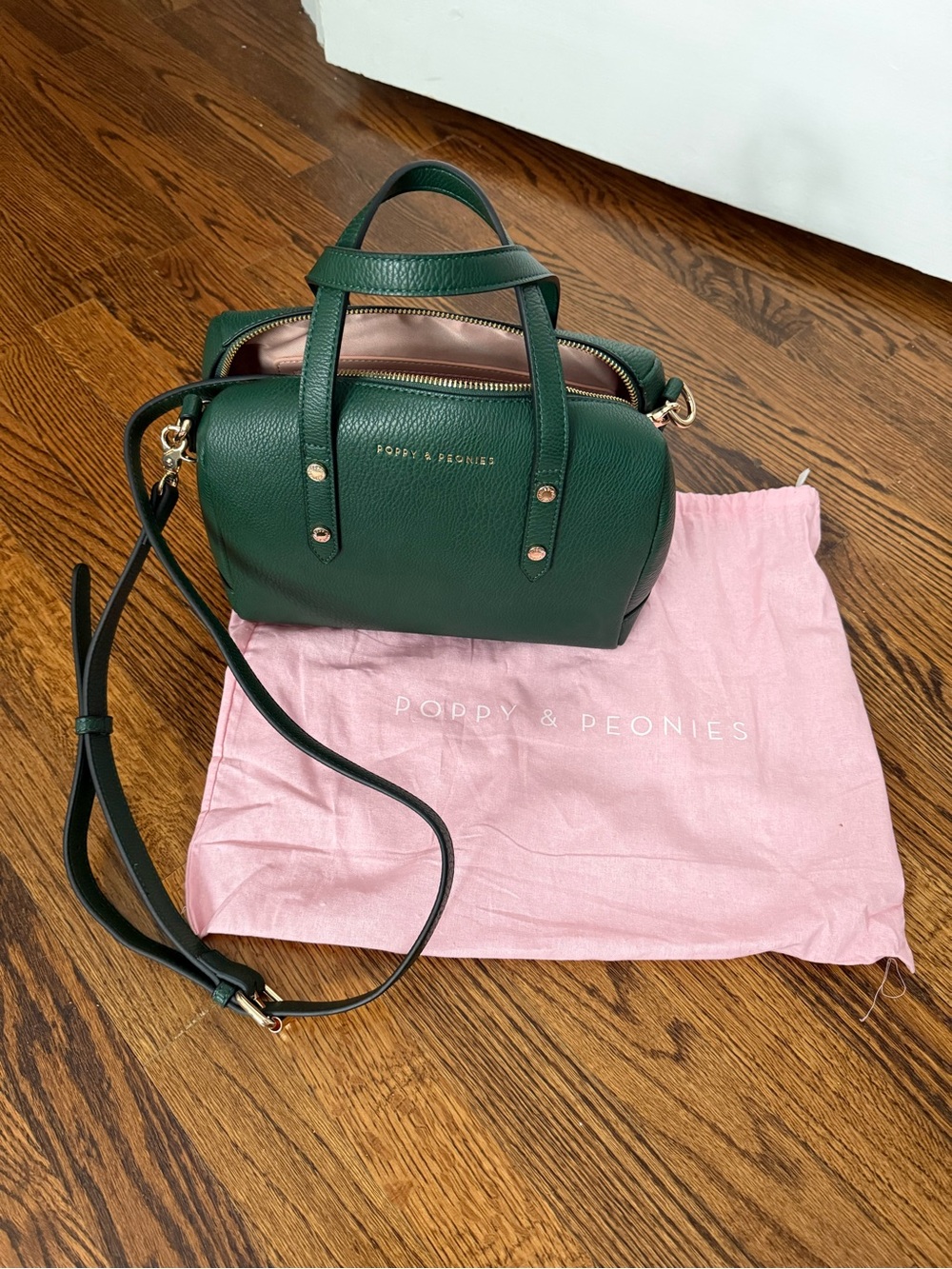 Poppy & Peonies Emerald Green Pebbled Leather Crossbody Satchel